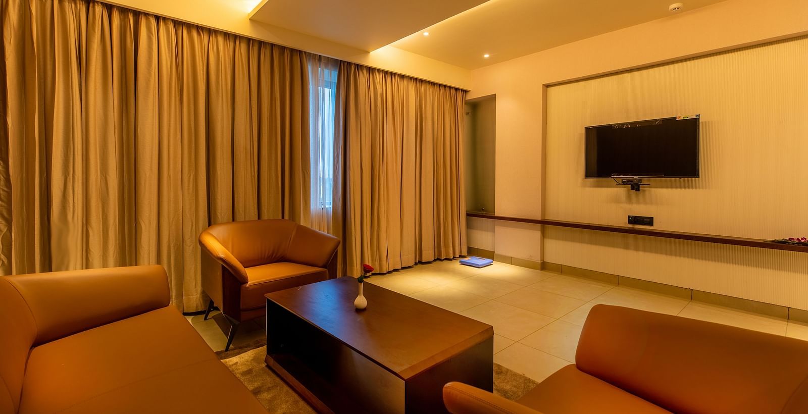 An image of a seating area with sofas, complemented by a television in front at M Pro Palace.